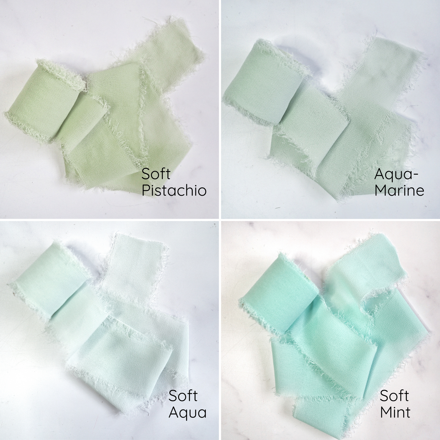 An assortment of chiffon ribbons in various colors displayed on a light background.