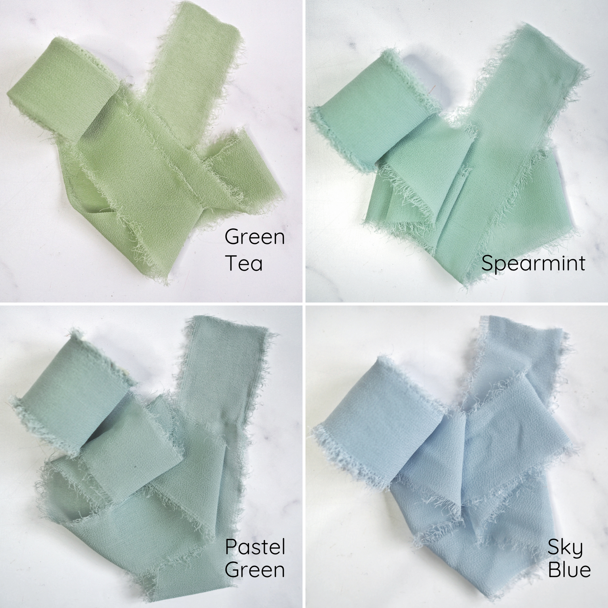 An assortment of chiffon ribbons in various colors displayed on a light background.