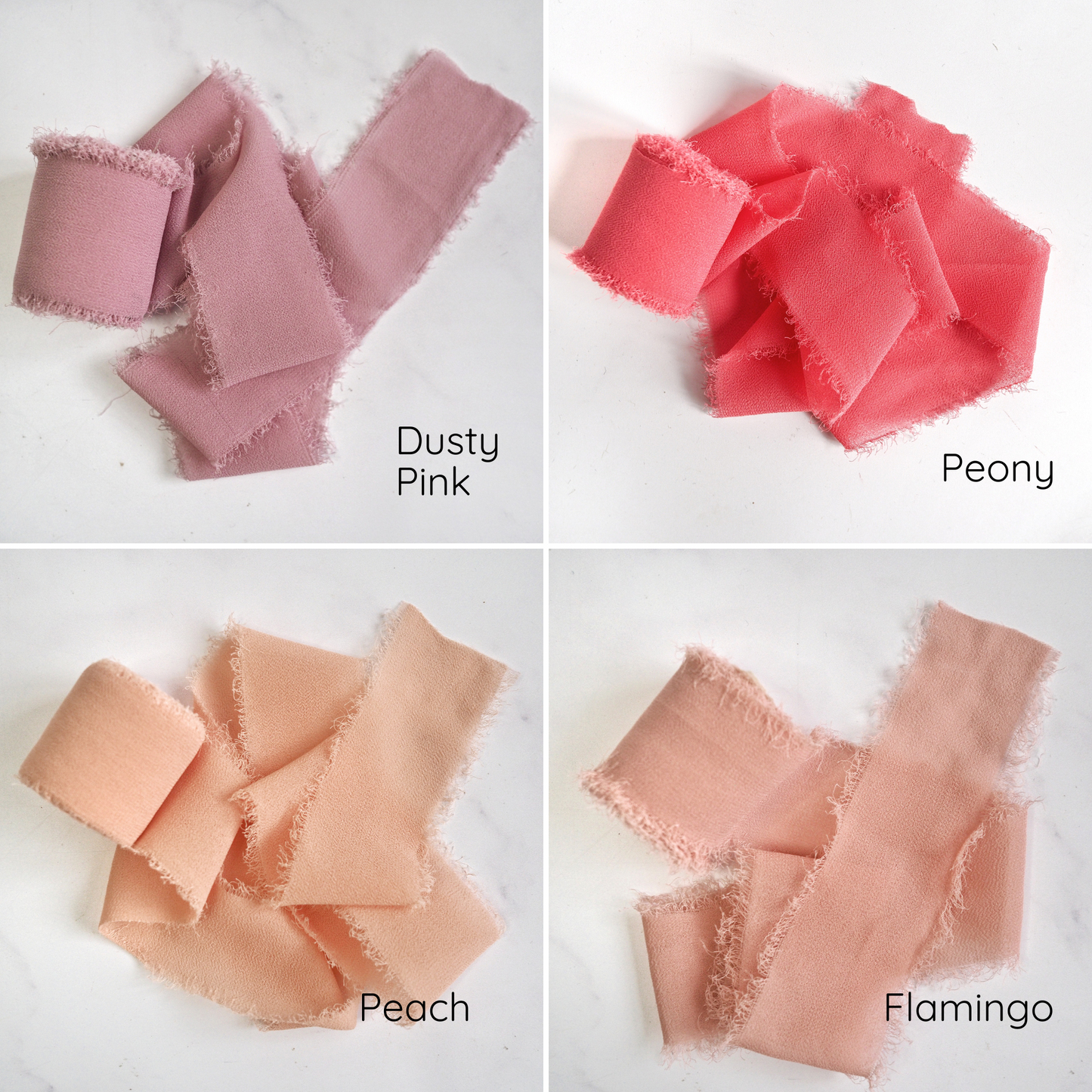 An assortment of chiffon ribbons in various colors displayed on a light background.