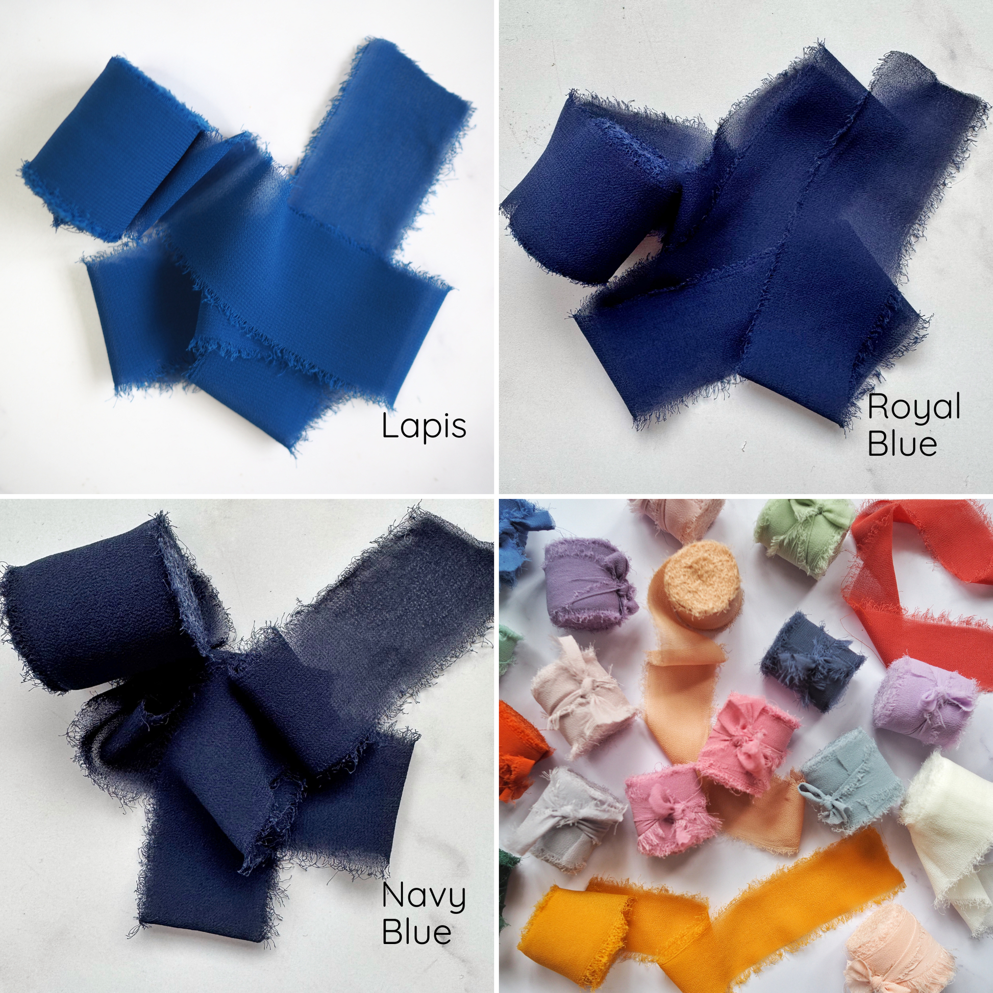 An assortment of chiffon ribbons in various colors displayed on a light background.