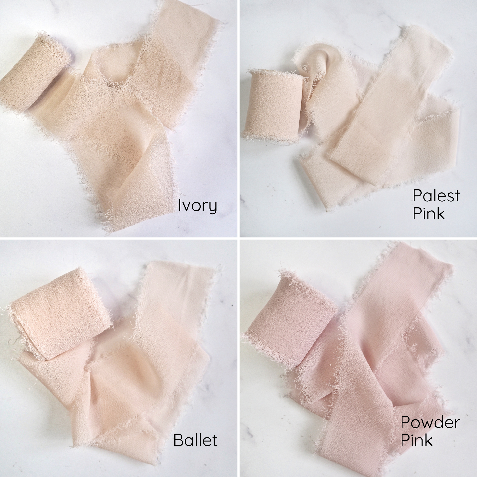 An assortment of chiffon ribbons in various colors displayed on a light background.