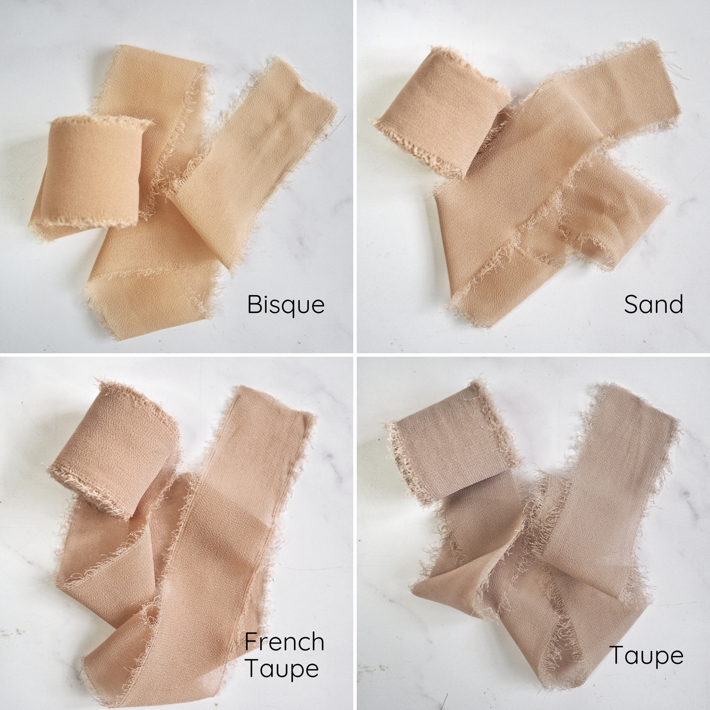 An assortment of chiffon ribbons in various colors displayed on a light background.