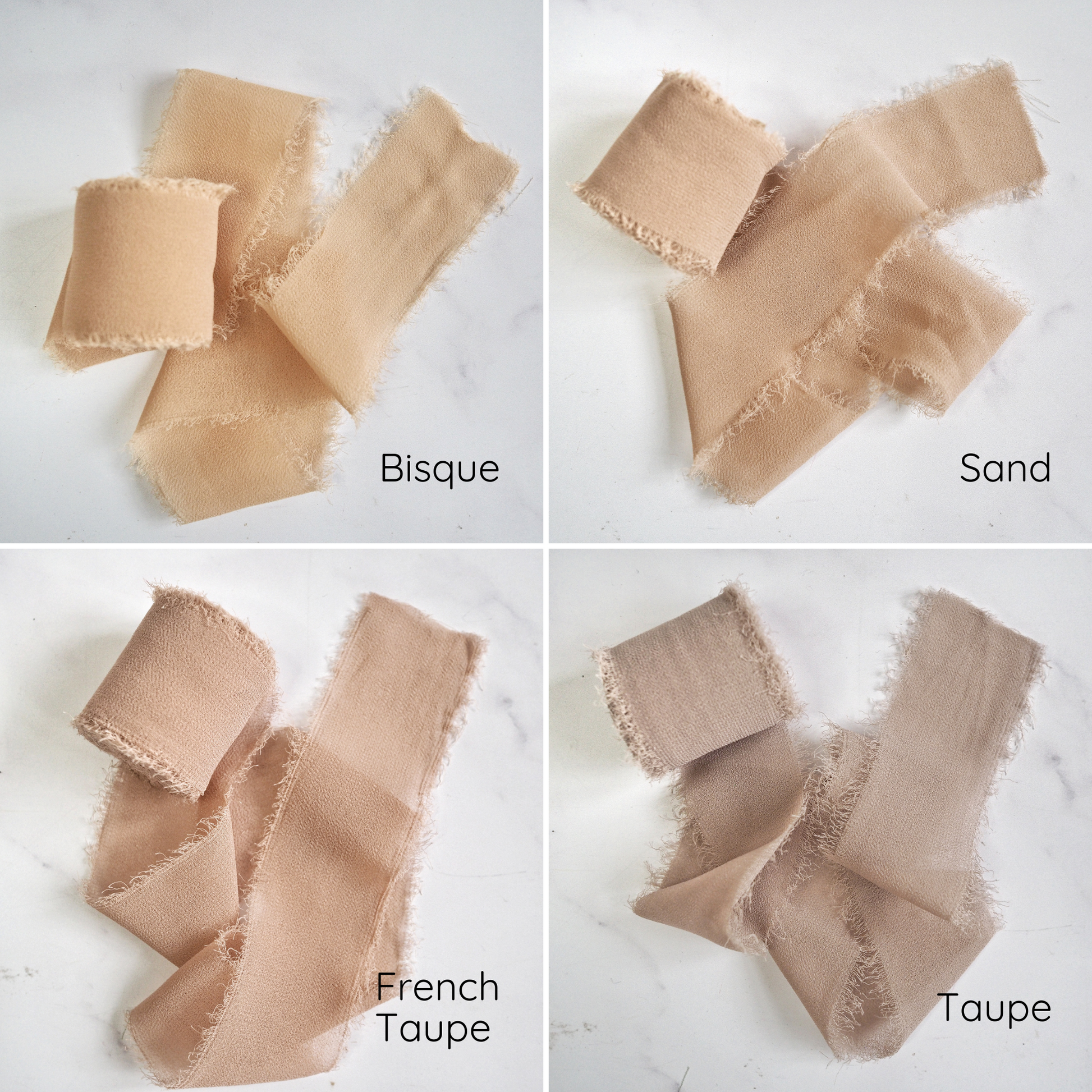An assortment of chiffon ribbons in various colors displayed on a light background.