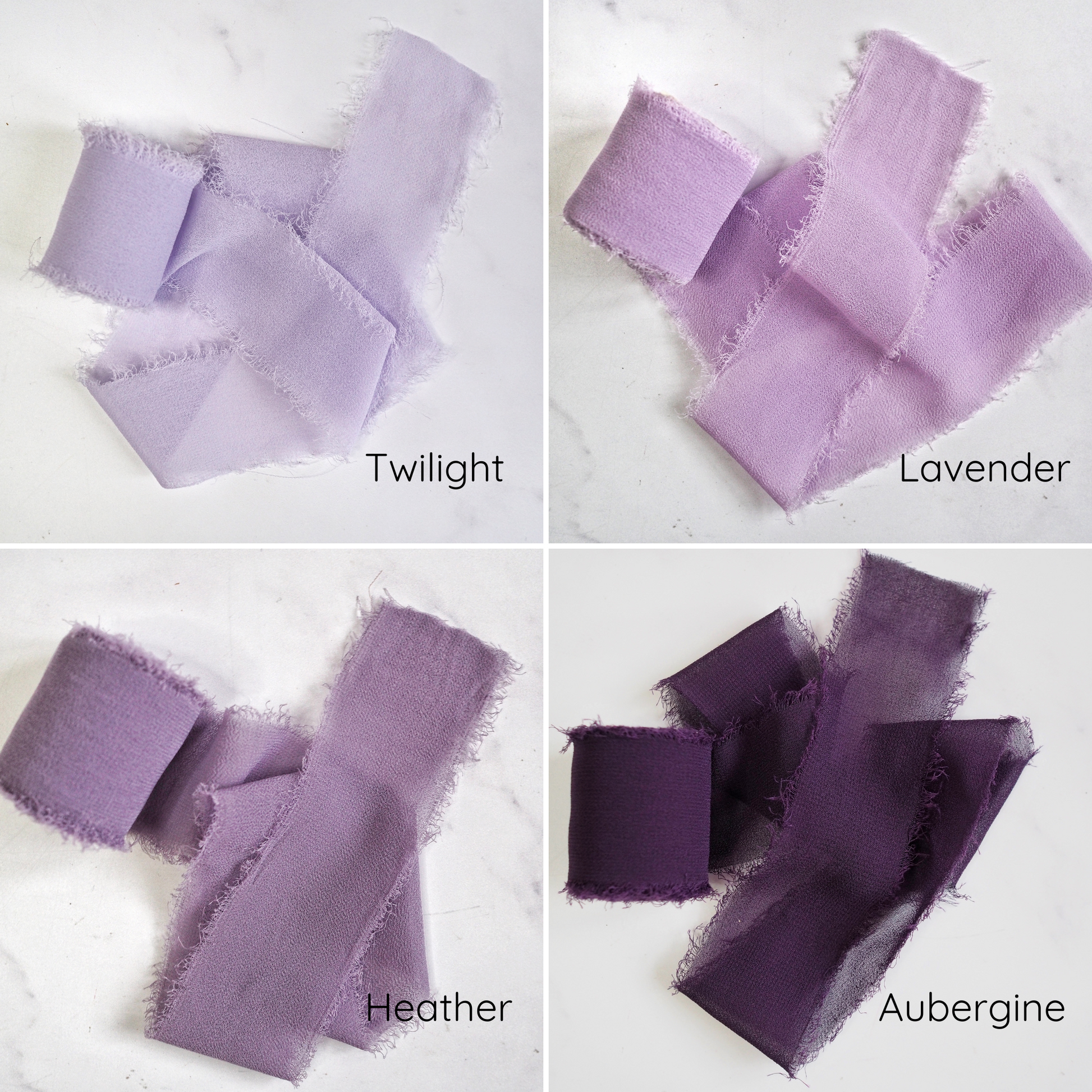 An assortment of chiffon ribbons in various colors displayed on a light background.