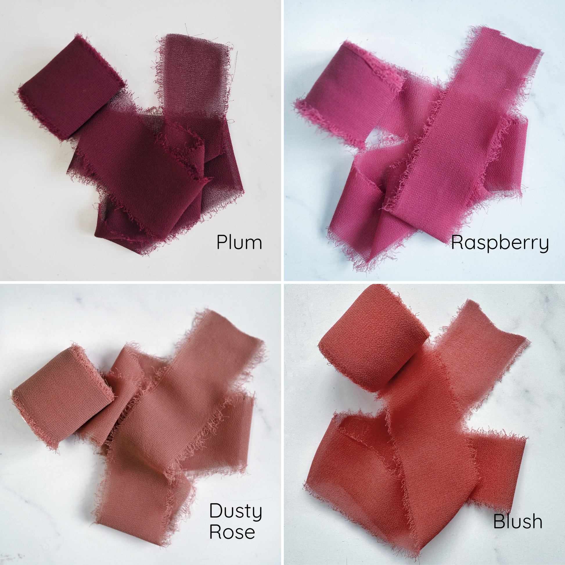 An assortment of chiffon ribbons in various colors displayed on a light background.