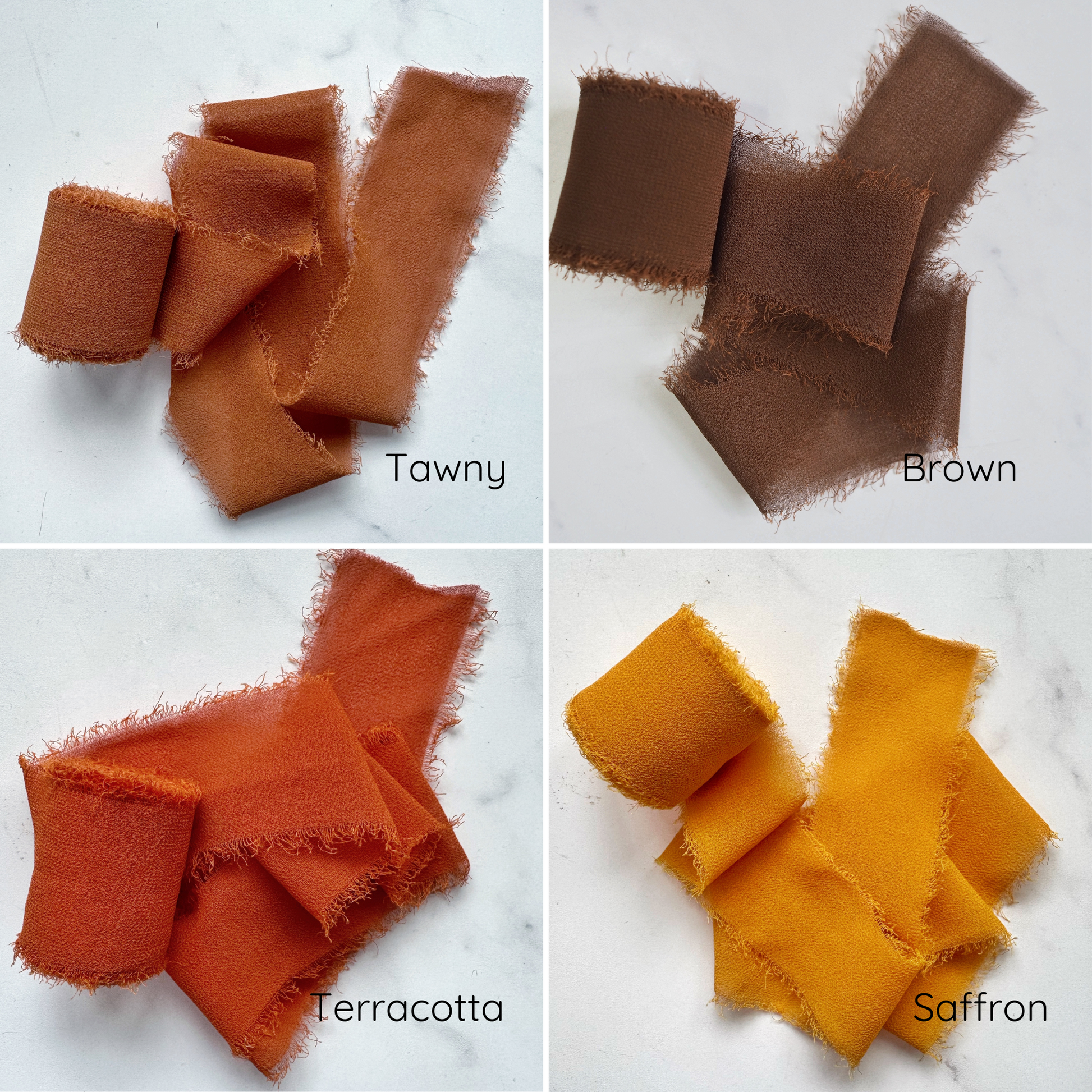 An assortment of chiffon ribbons in various colors displayed on a light background.
