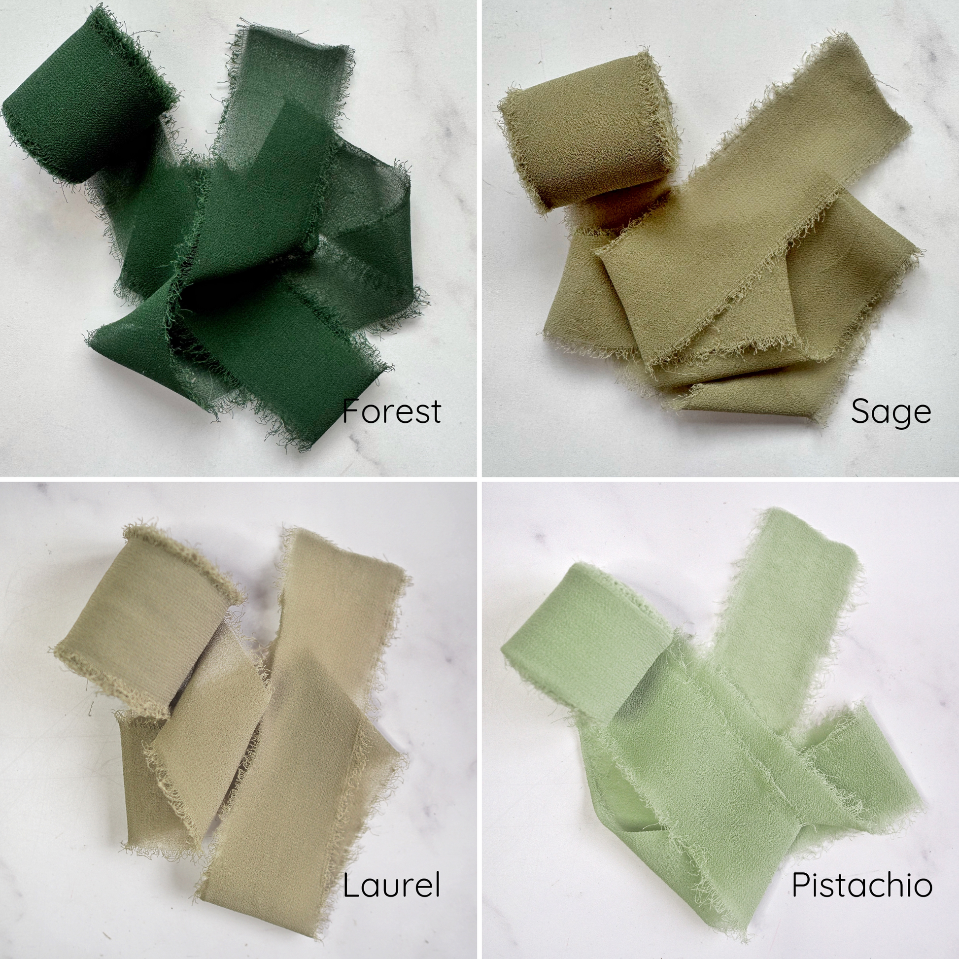 An assortment of chiffon ribbons in various colors displayed on a light background.